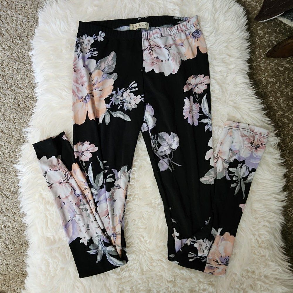 LK LUV Made in the USA  Floral Black Pink Legging Pant Size M